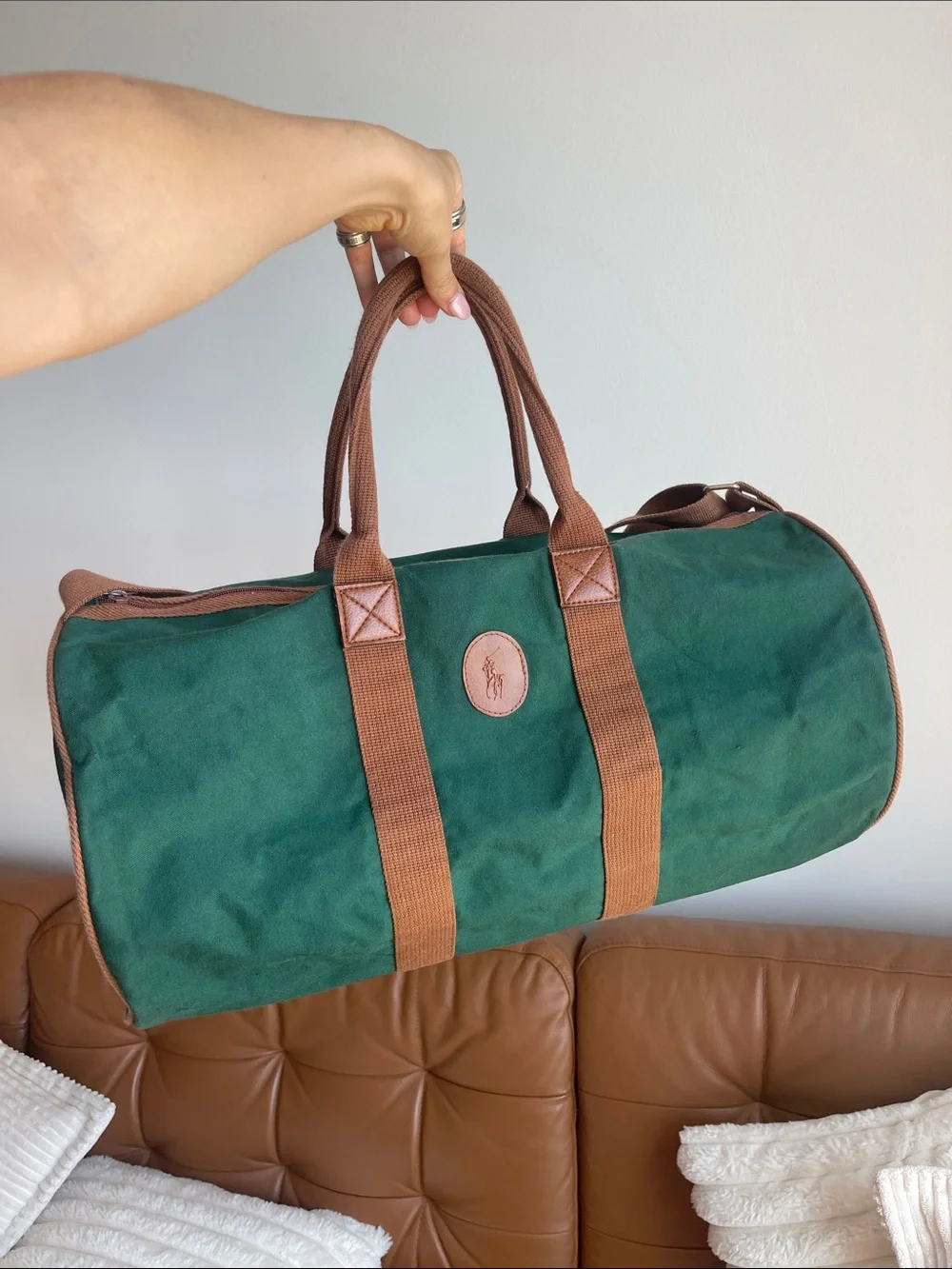 Polo Ralph Lauren vintage Green Canvas Duffel with Tan Straps